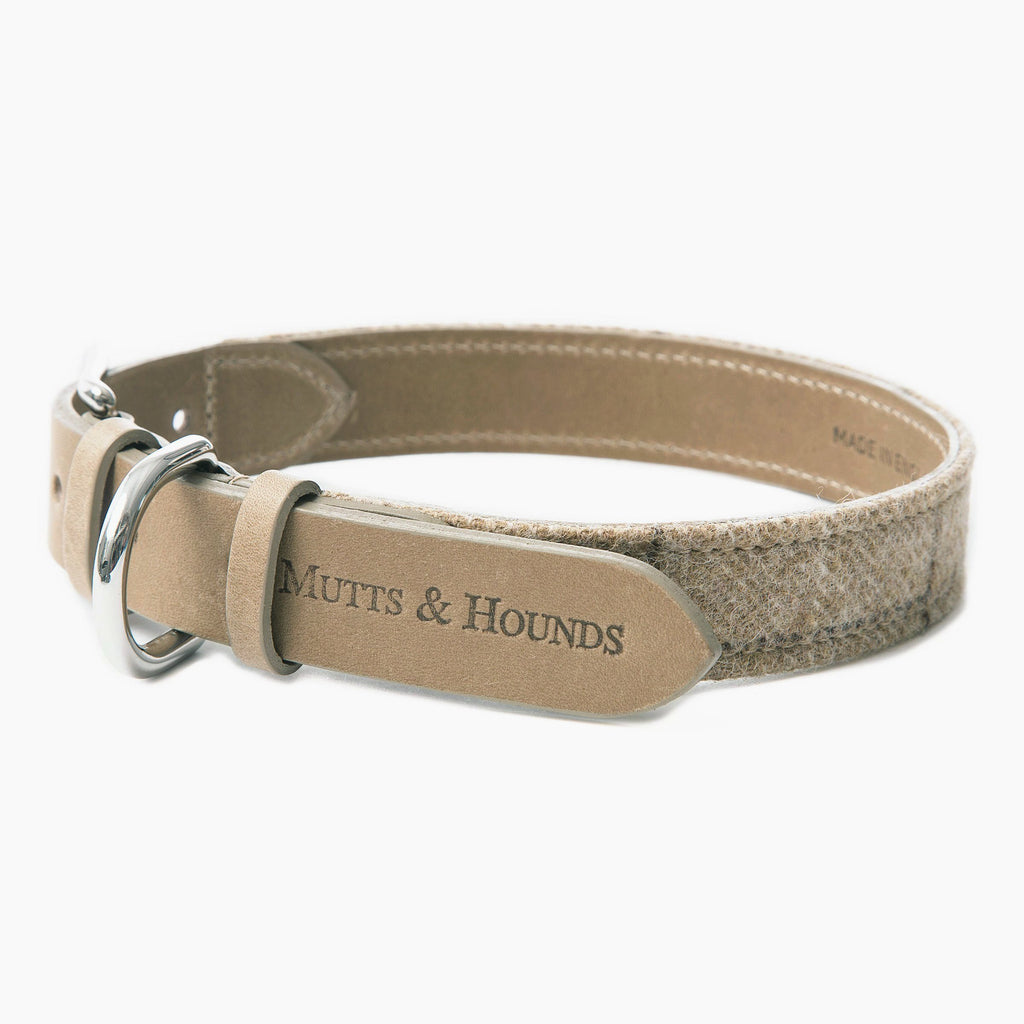 Tweed & Leather Dog Collar - Oatmeal - NEW PETS ON THE BLOCK.COM