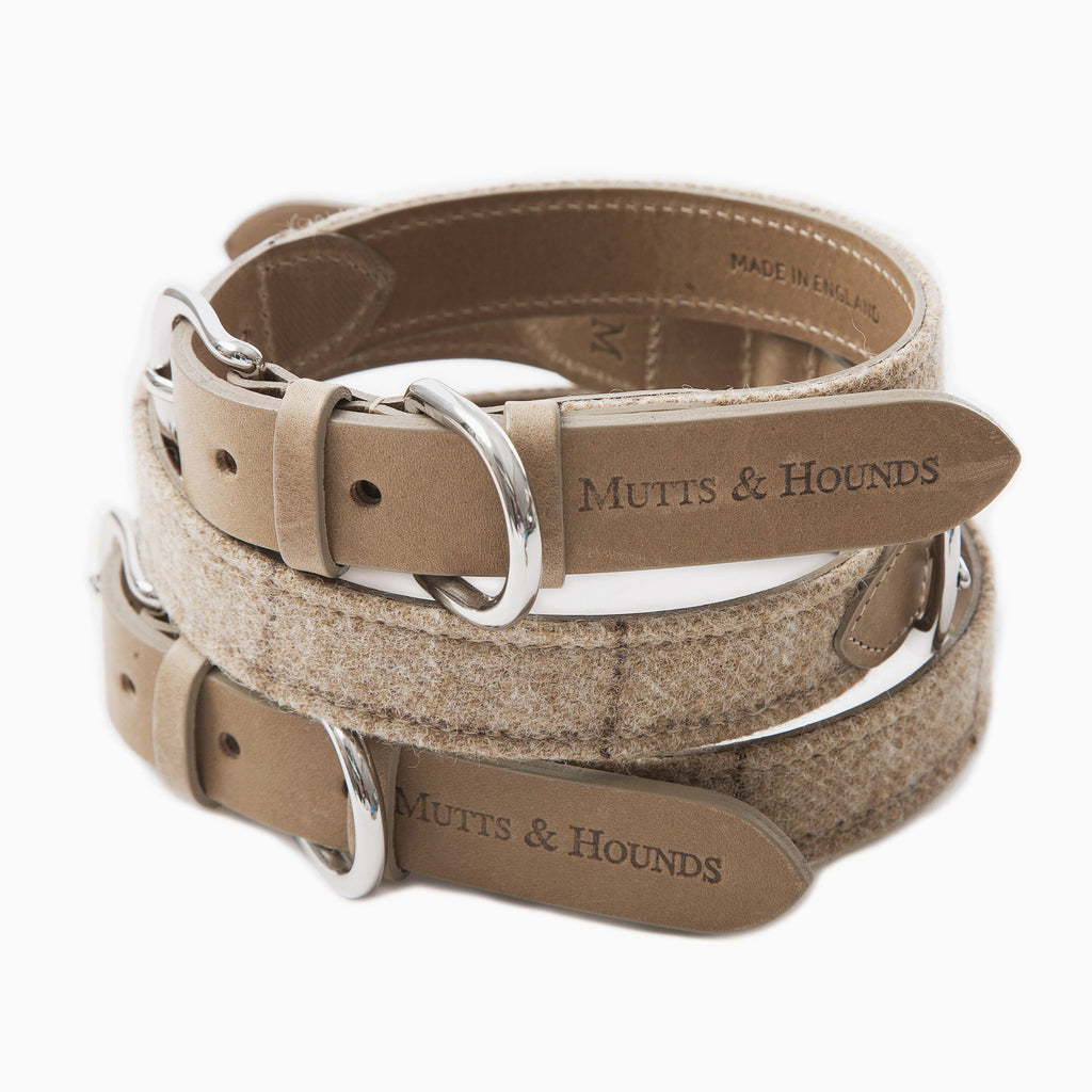 Tweed & Leather Dog Collar - Oatmeal - NEW PETS ON THE BLOCK.COM